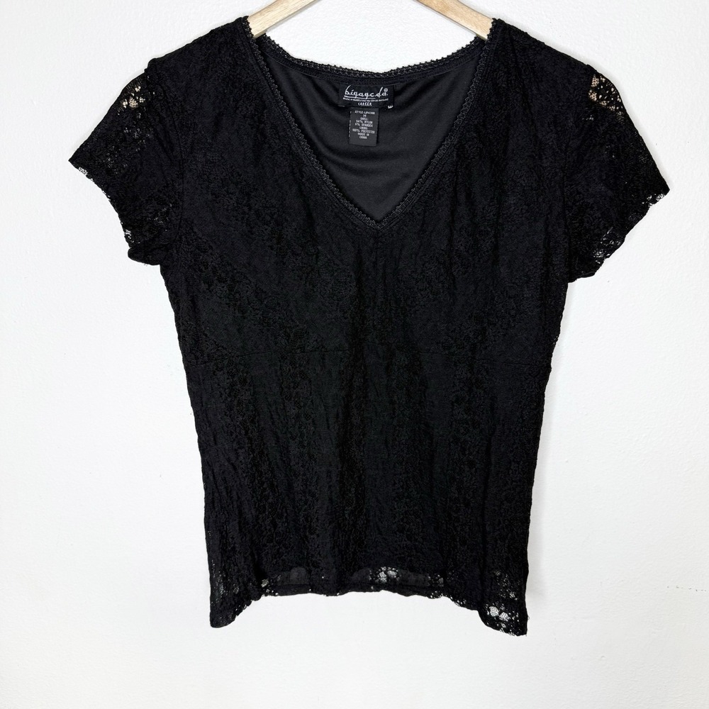Biyaycda Black Lace Y2K V-neck Tee Shirt Top Lined Womens Medium‎ Whimsygoth